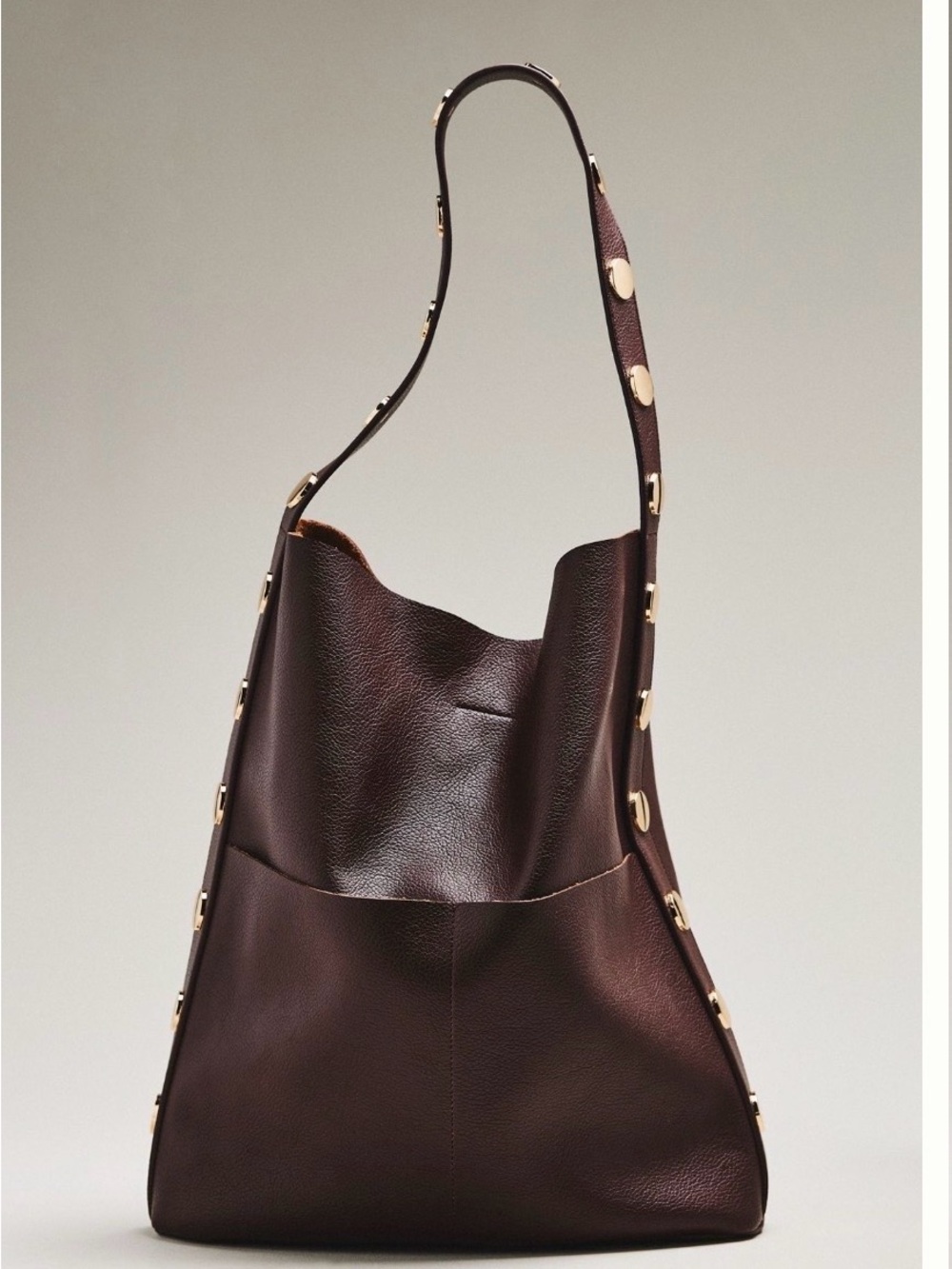 Anthropologie Dark Brown Pebbled Leather Shoulder Bag with Gold-Tone Studs. - Picture 4 of 6